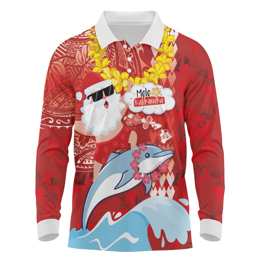 Hawaiian Mele Kalikimaka Long Sleeve Polo Shirt Funny Santa Riding Lei Dolphin with Kakau Tattoos - Polynesian Pride