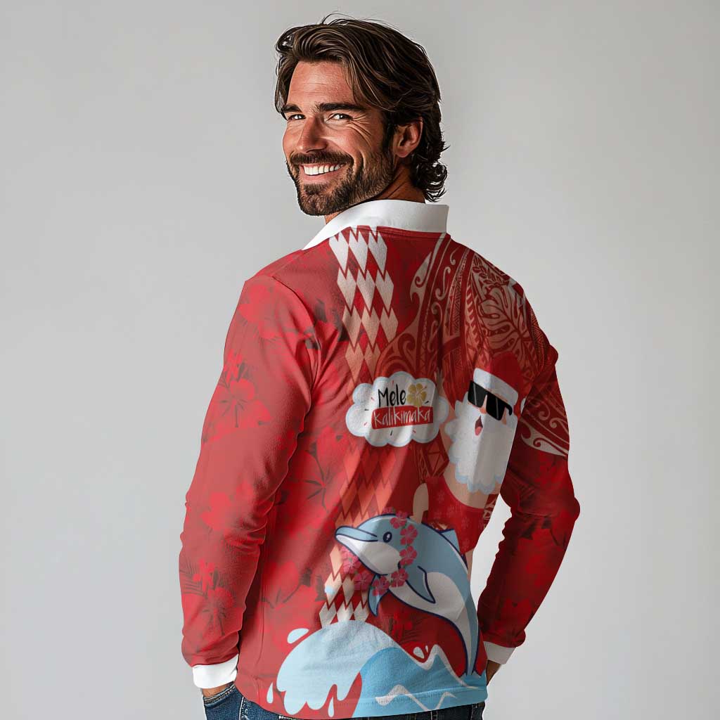 Hawaiian Mele Kalikimaka Long Sleeve Polo Shirt Funny Santa Riding Lei Dolphin with Kakau Tattoos - Polynesian Pride