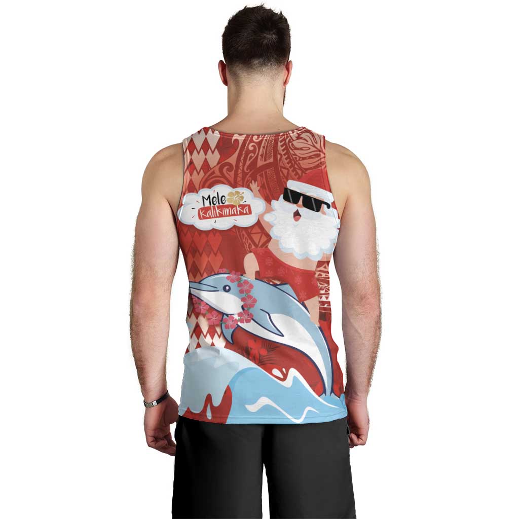 Hawaiian Mele Kalikimaka Men Tank Top Funny Santa Riding Lei Dolphin with Kakau Tattoos - Polynesian Pride