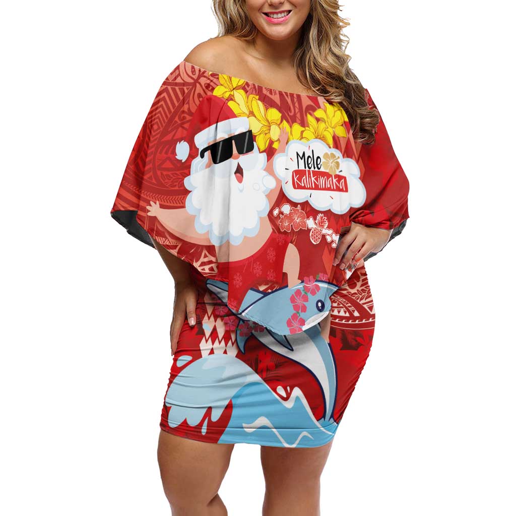 Hawaiian Mele Kalikimaka Off Shoulder Short Dress Funny Santa Riding Lei Dolphin with Kakau Tattoos - Polynesian Pride