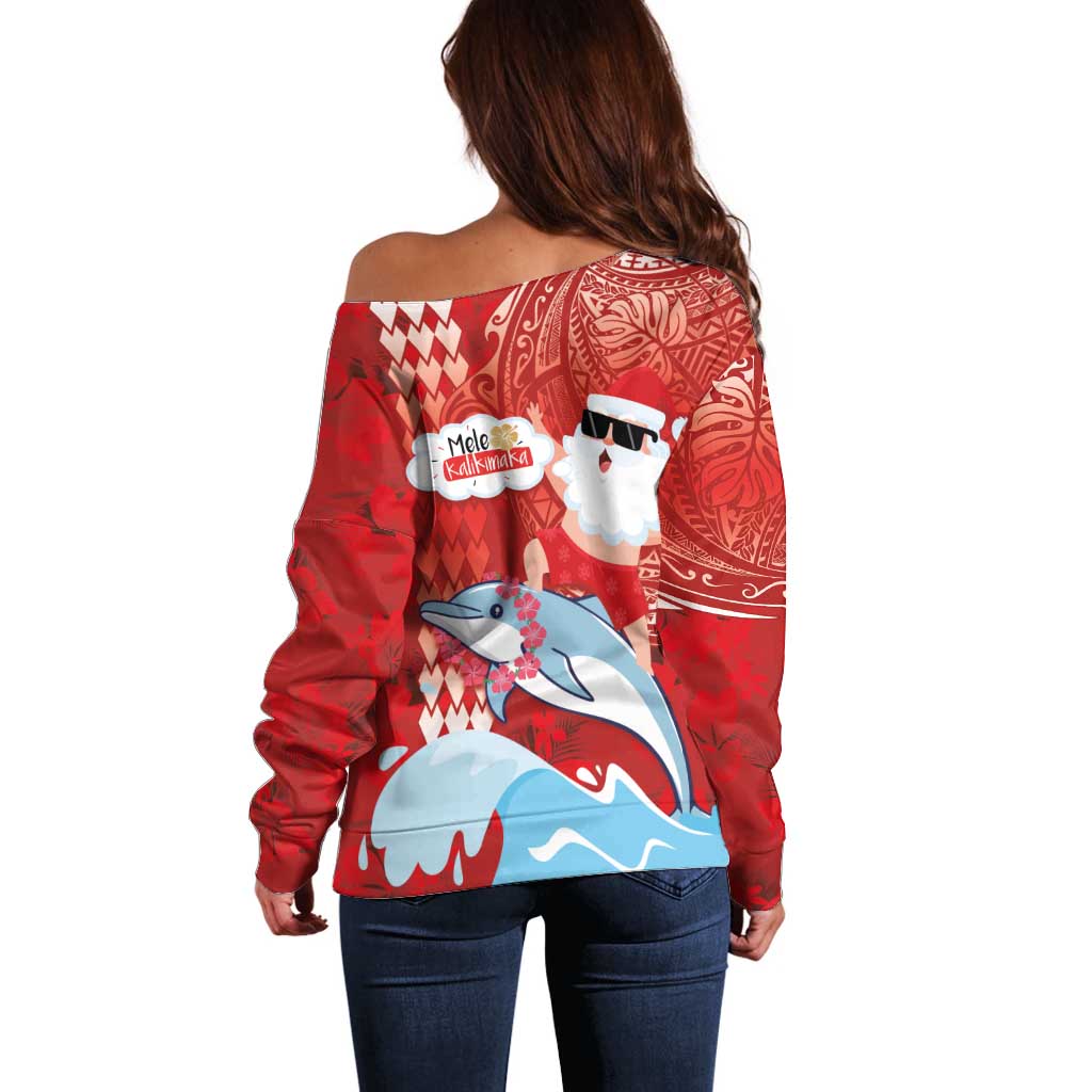 Hawaiian Mele Kalikimaka Off Shoulder Sweater Funny Santa Riding Lei Dolphin with Kakau Tattoos - Polynesian Pride