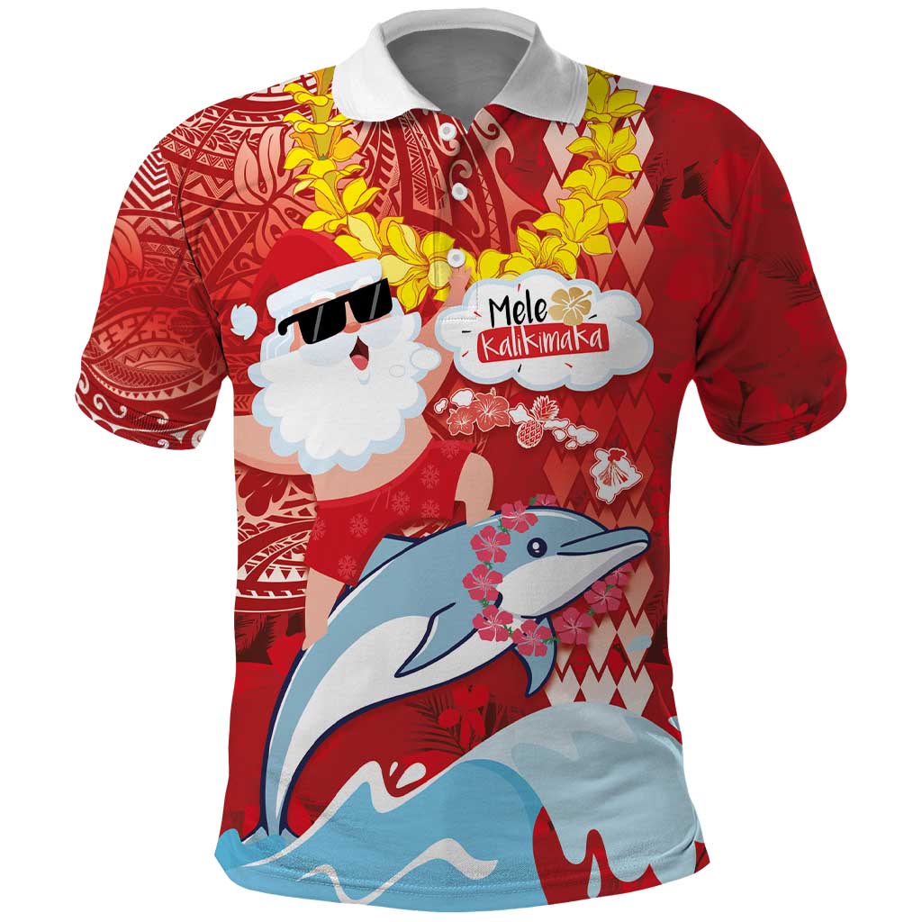 Hawaiian Mele Kalikimaka Polo Shirt Funny Santa Riding Lei Dolphin with Kakau Tattoos - Polynesian Pride