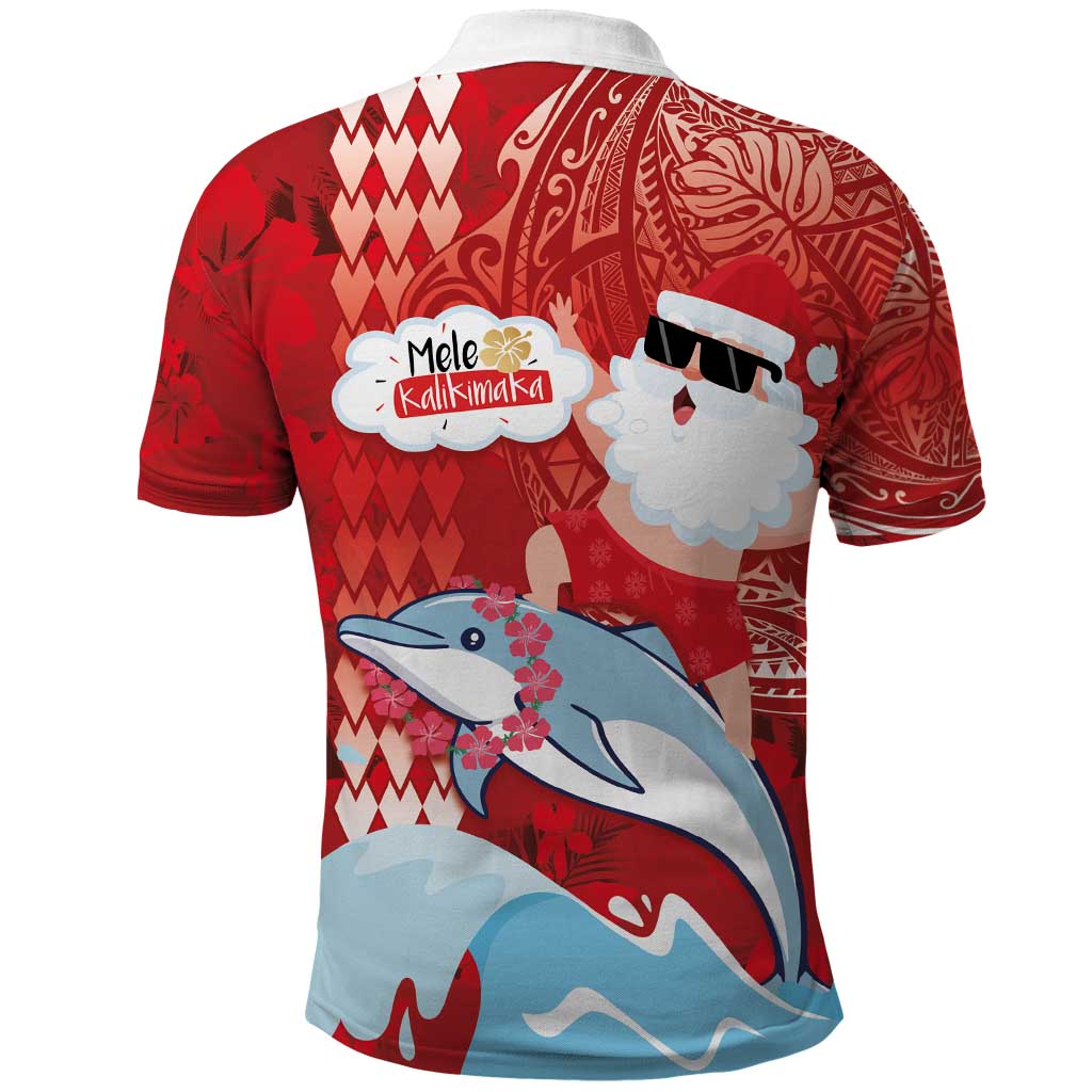 Hawaiian Mele Kalikimaka Polo Shirt Funny Santa Riding Lei Dolphin with Kakau Tattoos - Polynesian Pride