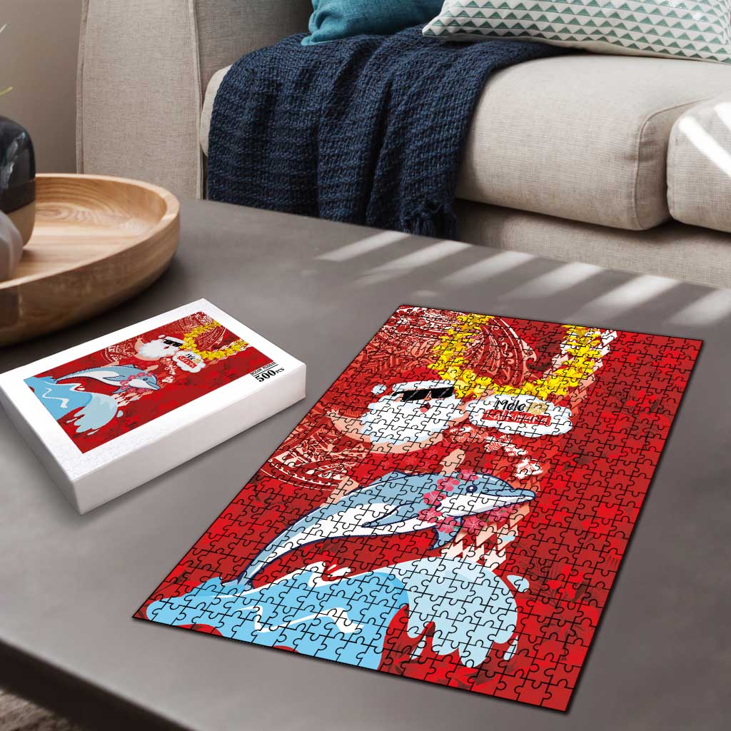 Hawaiian Mele Kalikimaka Puzzle Funny Santa Riding Lei Dolphin with Kakau Tattoos - Polynesian Pride