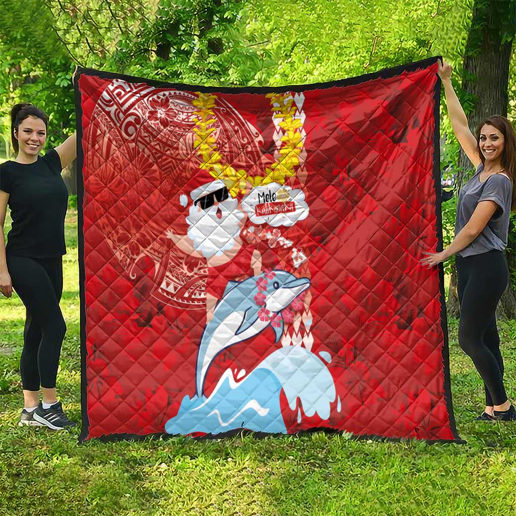 Hawaiian Mele Kalikimaka Quilt Funny Santa Riding Lei Dolphin with Kakau Tattoos - Polynesian Pride