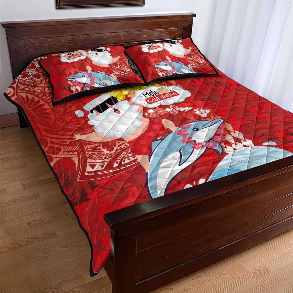 Hawaiian Mele Kalikimaka Quilt Bed Set Funny Santa Riding Lei Dolphin with Kakau Tattoos - Polynesian Pride