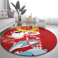 Hawaiian Mele Kalikimaka Round Carpet Funny Santa Riding Lei Dolphin with Kakau Tattoos - Polynesian Pride