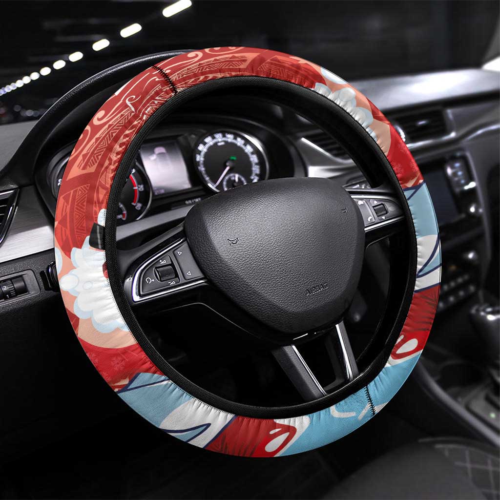 Hawaiian Mele Kalikimaka Steering Wheel Cover Funny Santa Riding Lei Dolphin with Kakau Tattoos - Polynesian Pride