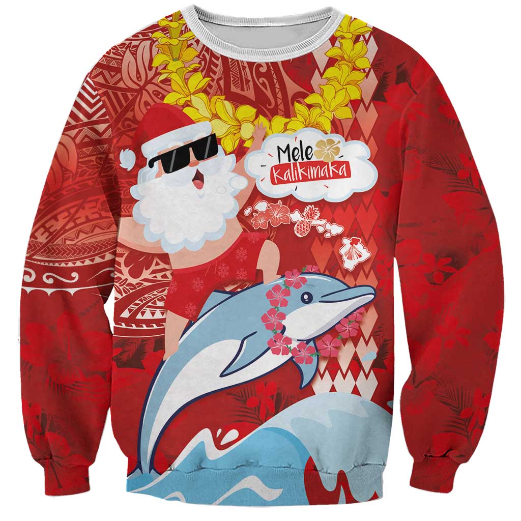 Hawaiian Mele Kalikimaka Sweatshirt Funny Santa Riding Lei Dolphin with Kakau Tattoos - Polynesian Pride