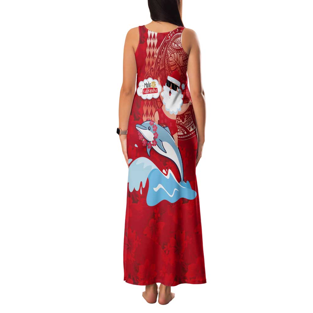 Hawaiian Mele Kalikimaka Tank Maxi Dress Funny Santa Riding Lei Dolphin with Kakau Tattoos - Polynesian Pride