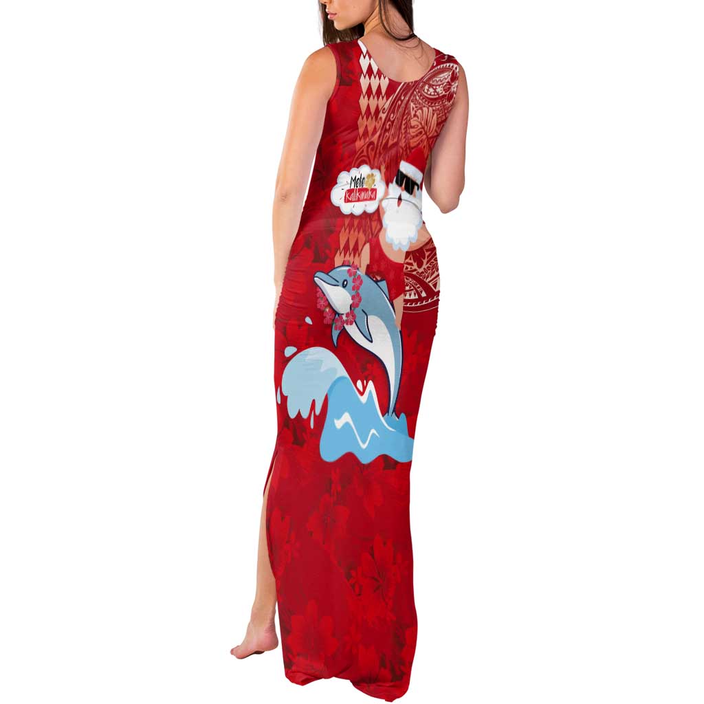 Hawaiian Mele Kalikimaka Tank Maxi Dress Funny Santa Riding Lei Dolphin with Kakau Tattoos - Polynesian Pride