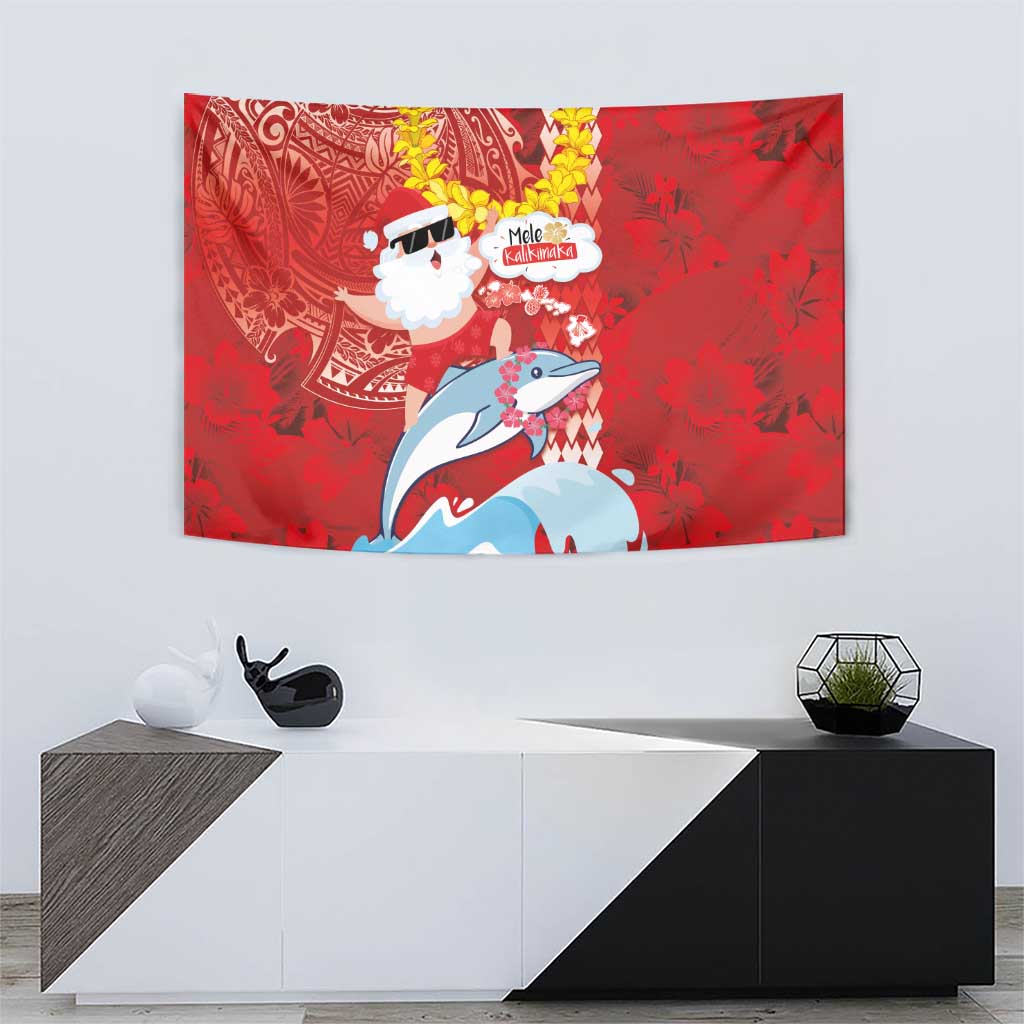 Hawaiian Mele Kalikimaka Tapestry Funny Santa Riding Lei Dolphin with Kakau Tattoos - Polynesian Pride
