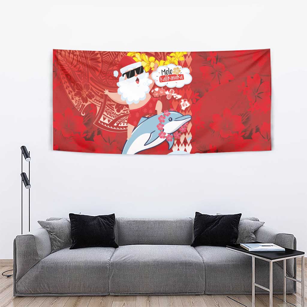 Hawaiian Mele Kalikimaka Tapestry Funny Santa Riding Lei Dolphin with Kakau Tattoos - Polynesian Pride