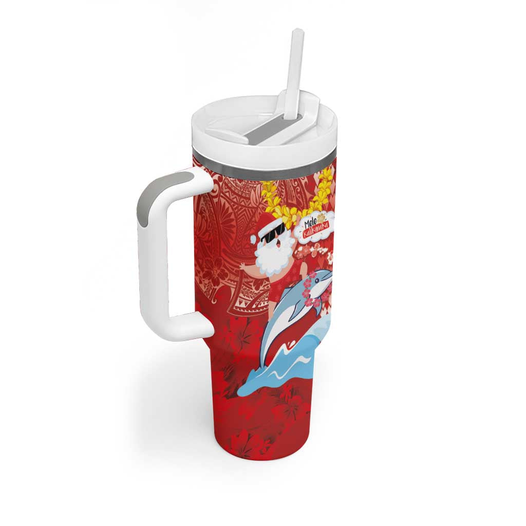 Hawaiian Mele Kalikimaka Tumbler With Handle Funny Santa Riding Lei Dolphin with Kakau Tattoos - Polynesian Pride