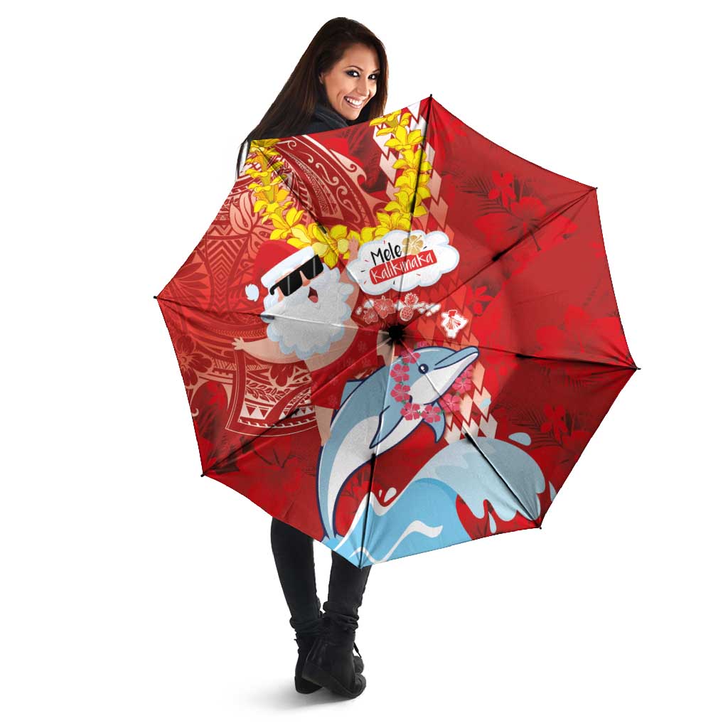 Hawaiian Mele Kalikimaka Umbrella Funny Santa Riding Lei Dolphin with Kakau Tattoos - Polynesian Pride