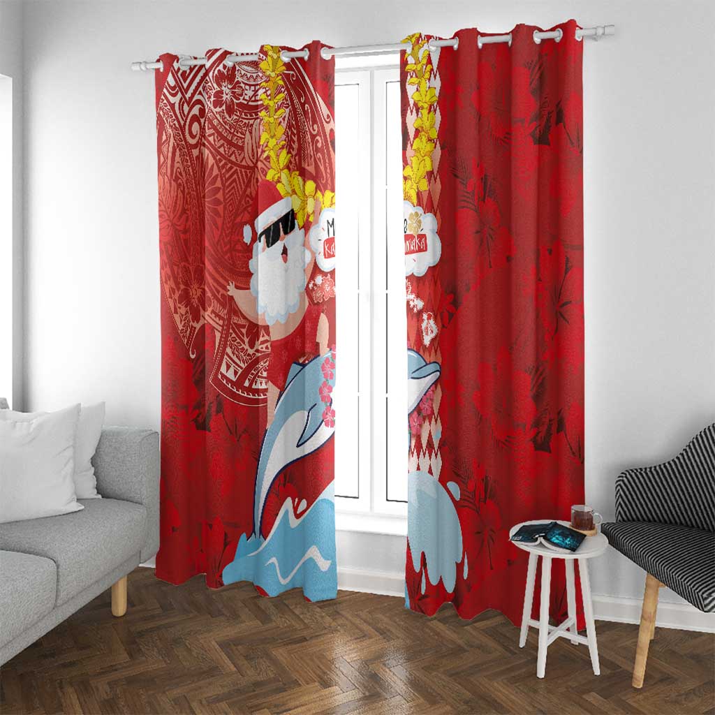Hawaiian Mele Kalikimaka Window Curtain Funny Santa Riding Lei Dolphin with Kakau Tattoos - Polynesian Pride