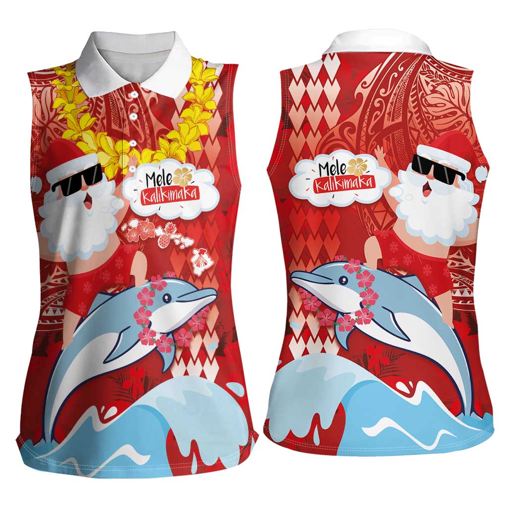 Hawaiian Mele Kalikimaka Women Sleeveless Polo Shirt Funny Santa Riding Lei Dolphin with Kakau Tattoos - Polynesian Pride