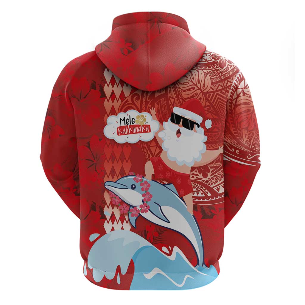 Hawaiian Mele Kalikimaka Zip Hoodie Funny Santa Riding Lei Dolphin with Kakau Tattoos - Polynesian Pride