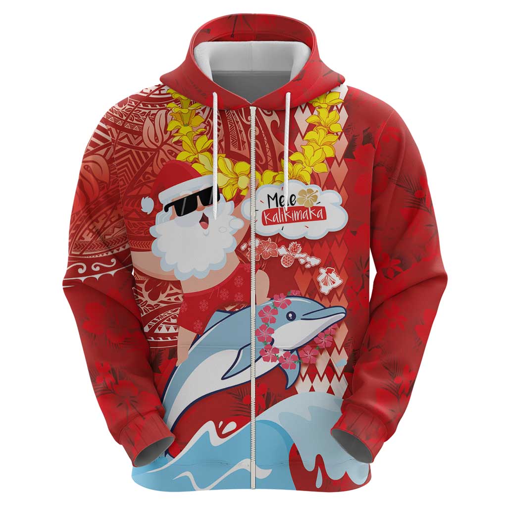 Hawaiian Mele Kalikimaka Zip Hoodie Funny Santa Riding Lei Dolphin with Kakau Tattoos - Polynesian Pride