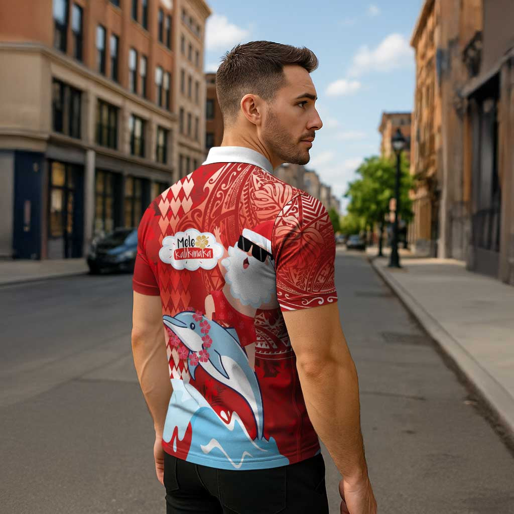 Hawaiian Mele Kalikimaka Zipper Polo Shirt Funny Santa Riding Lei Dolphin with Kakau Tattoos - Polynesian Pride