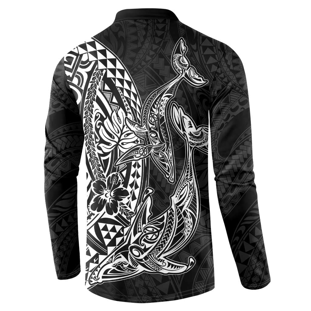 Hawaiian Whales Polynesian Art Motifs Button Sweatshirt Black Color - Polynesian Pride