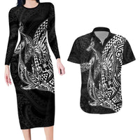 Hawaiian Whales Polynesian Art Motifs Couples Matching Long Sleeve Bodycon Dress and Hawaiian Shirt Black Color - Polynesian Pride