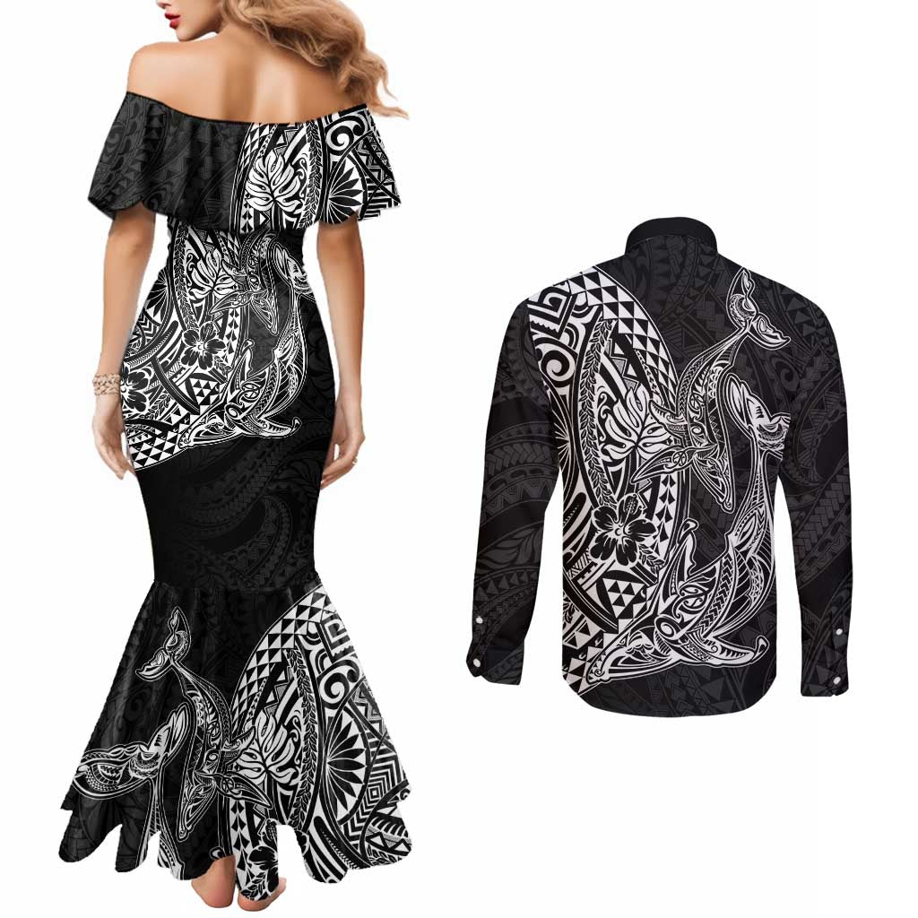 Hawaiian Whales Polynesian Art Motifs Couples Matching Mermaid Dress and Long Sleeve Button Shirt Black Color - Polynesian Pride