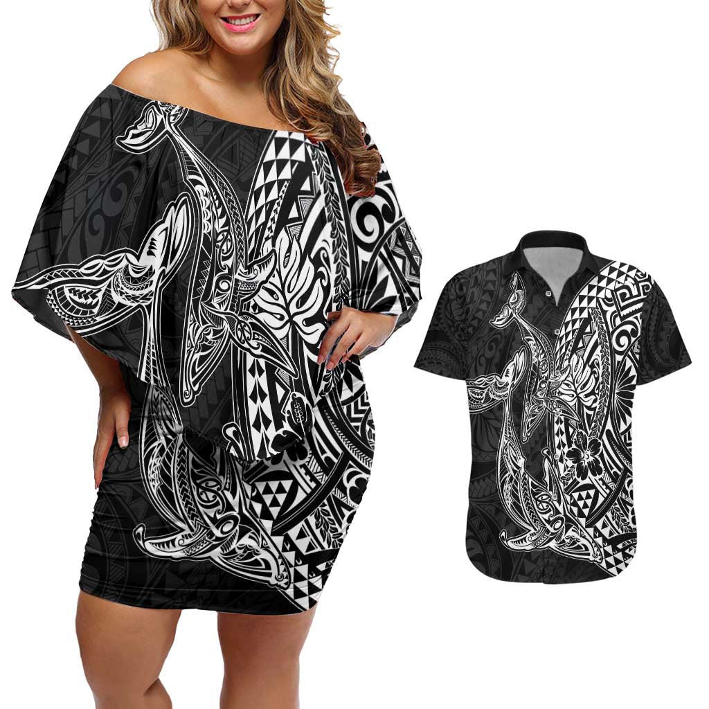 Hawaiian Whales Polynesian Art Motifs Couples Matching Off Shoulder Short Dress and Hawaiian Shirt Black Color - Polynesian Pride