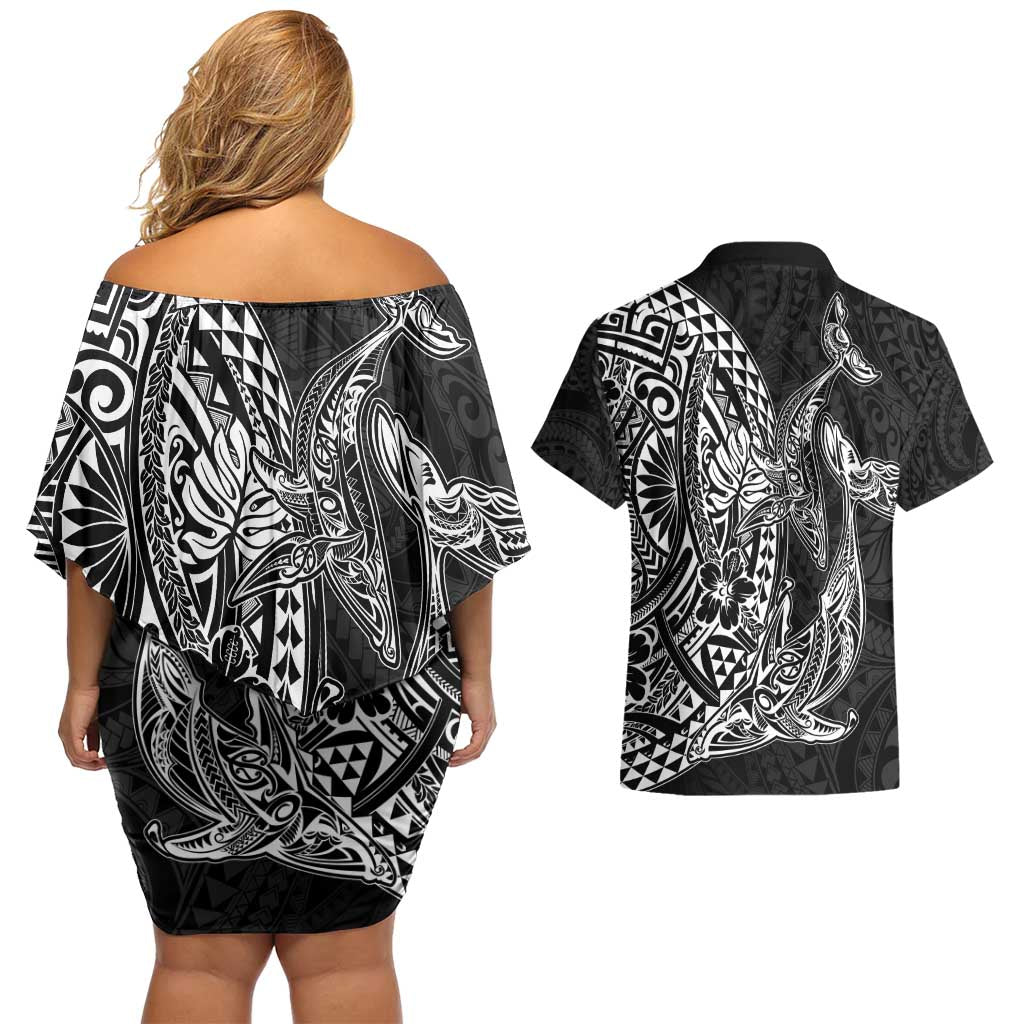 Hawaiian Whales Polynesian Art Motifs Couples Matching Off Shoulder Short Dress and Hawaiian Shirt Black Color - Polynesian Pride