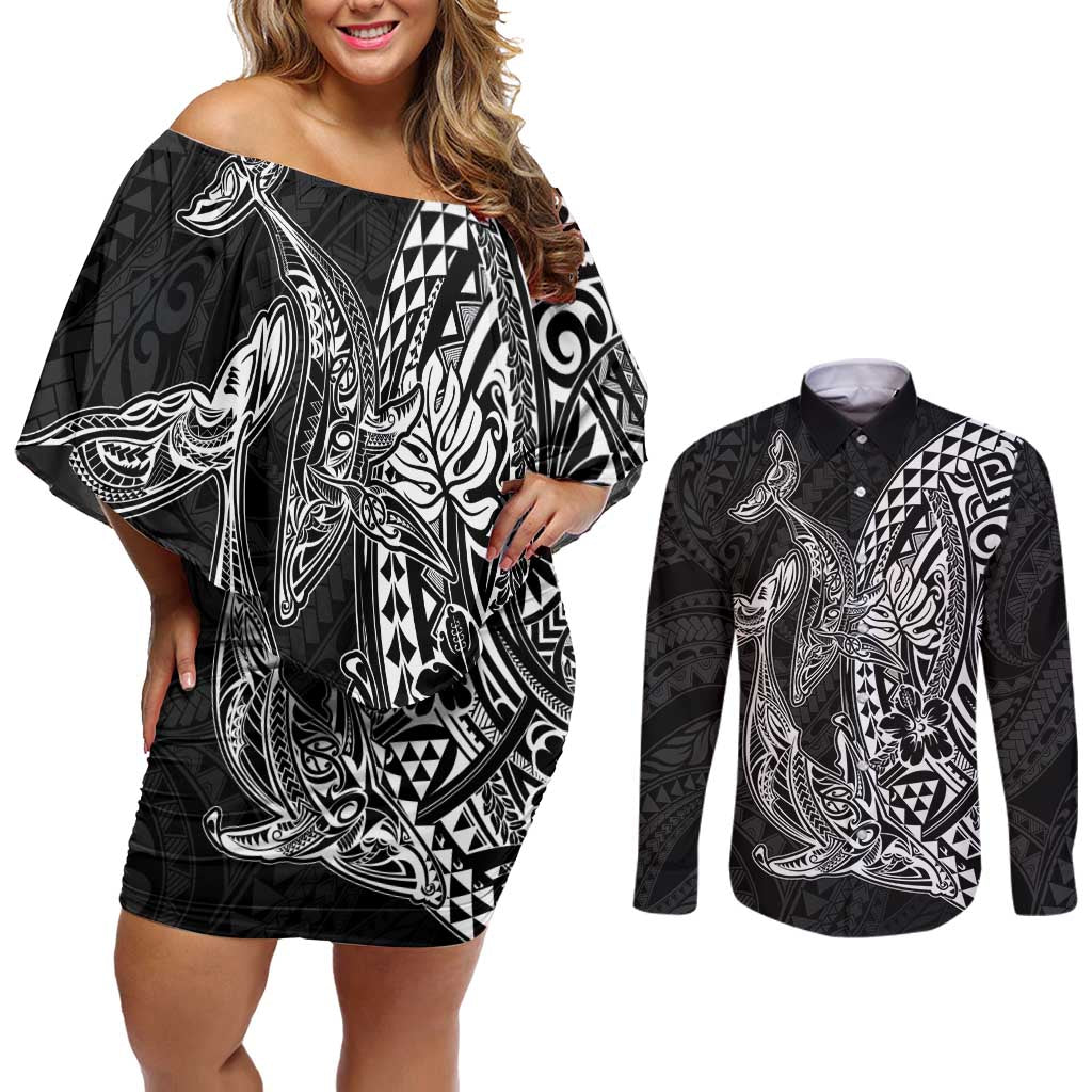 Hawaiian Whales Polynesian Art Motifs Couples Matching Off Shoulder Short Dress and Long Sleeve Button Shirt Black Color - Polynesian Pride
