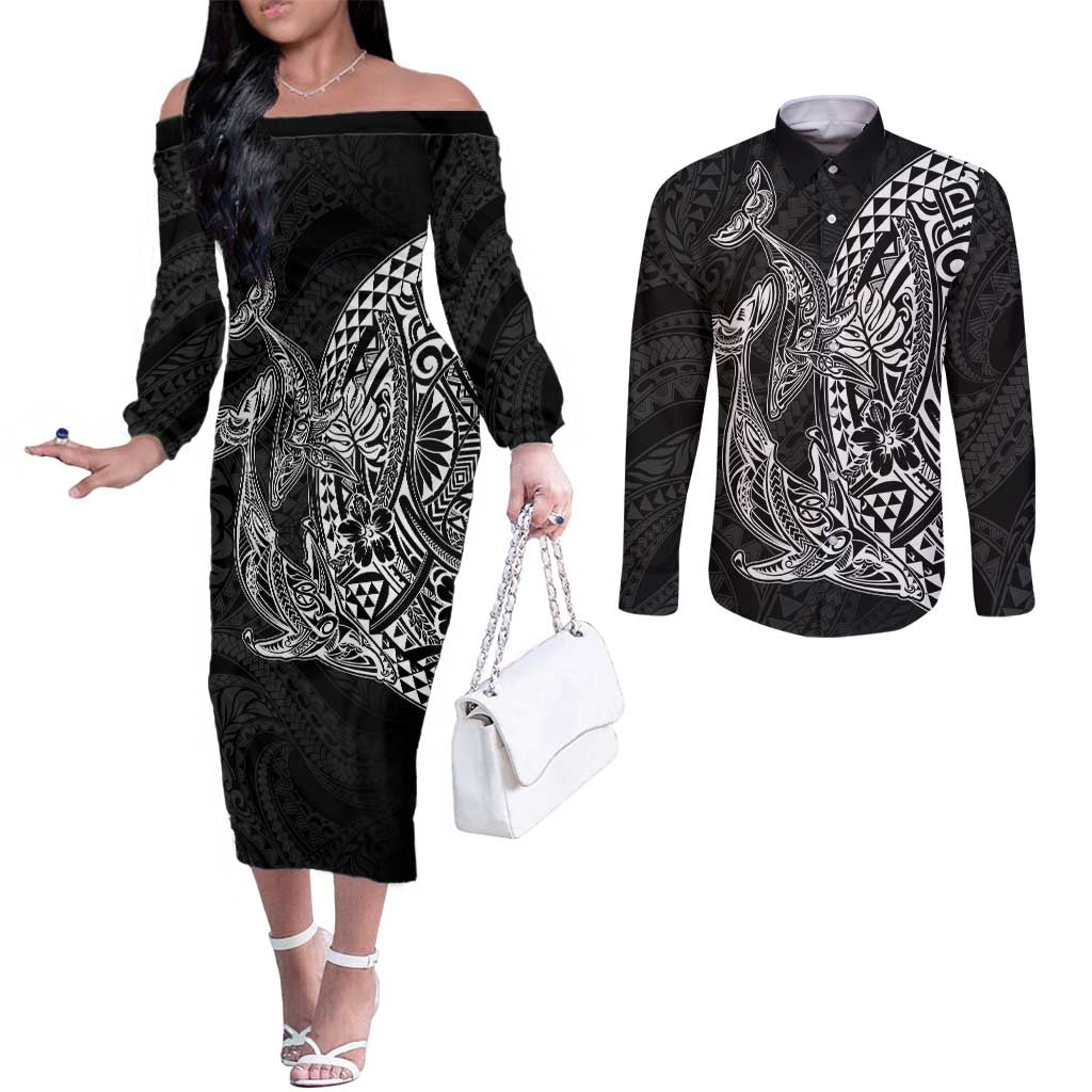 Hawaiian Whales Polynesian Art Motifs Couples Matching Off The Shoulder Long Sleeve Dress and Long Sleeve Button Shirt Black Color - Polynesian Pride