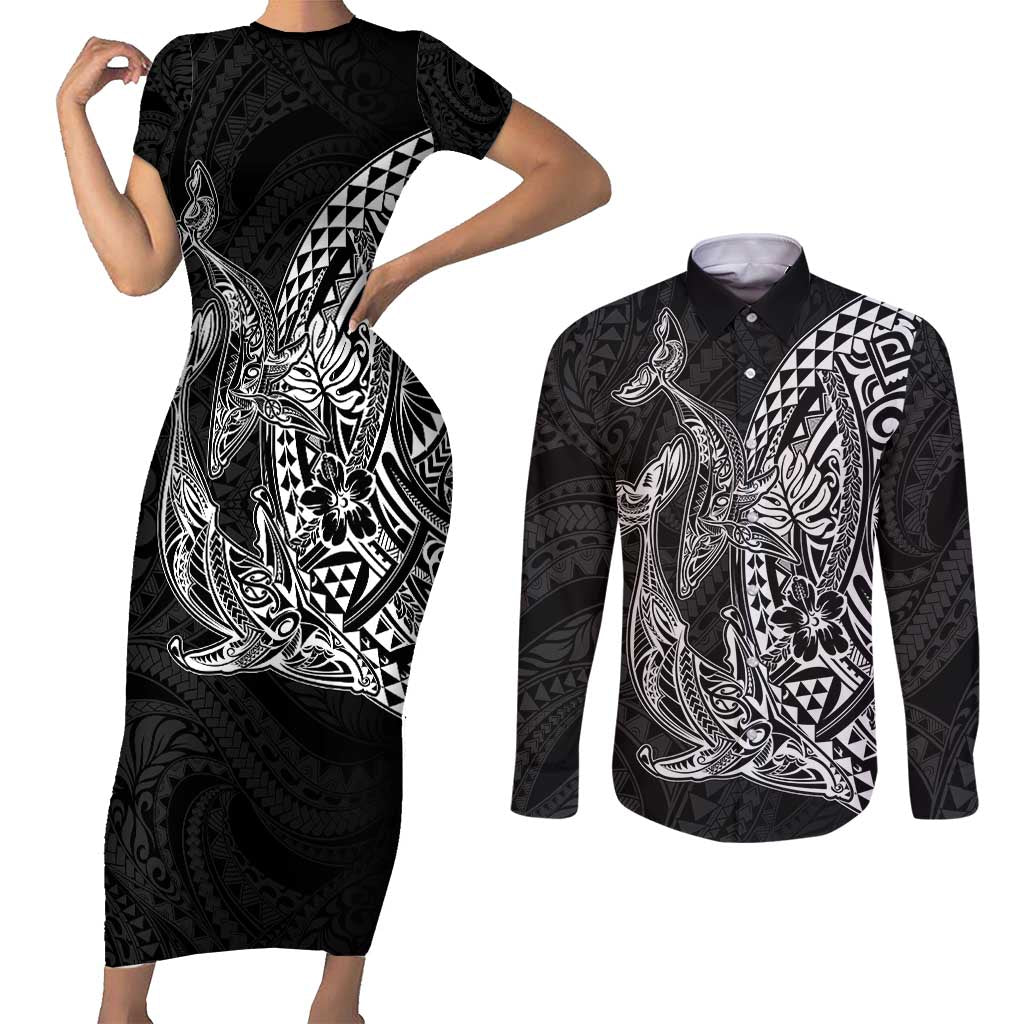 Hawaiian Whales Polynesian Art Motifs Couples Matching Short Sleeve Bodycon Dress and Long Sleeve Button Shirt Black Color - Polynesian Pride