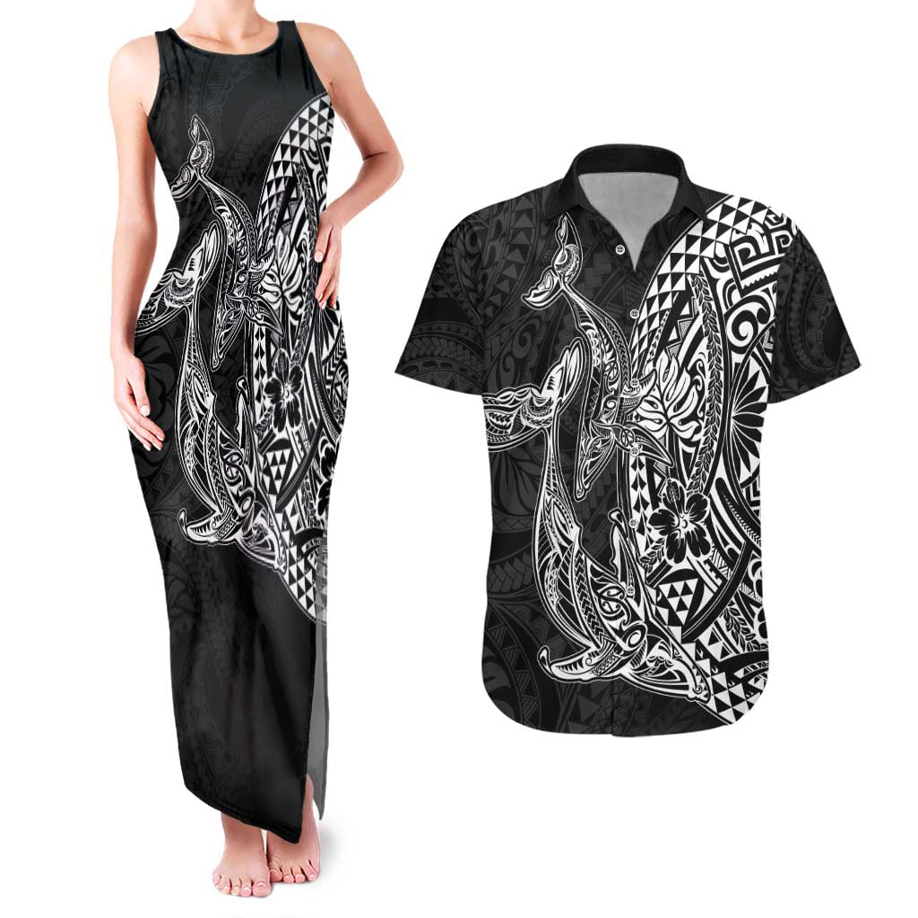Hawaiian Whales Polynesian Art Motifs Couples Matching Tank Maxi Dress and Hawaiian Shirt Black Color - Polynesian Pride