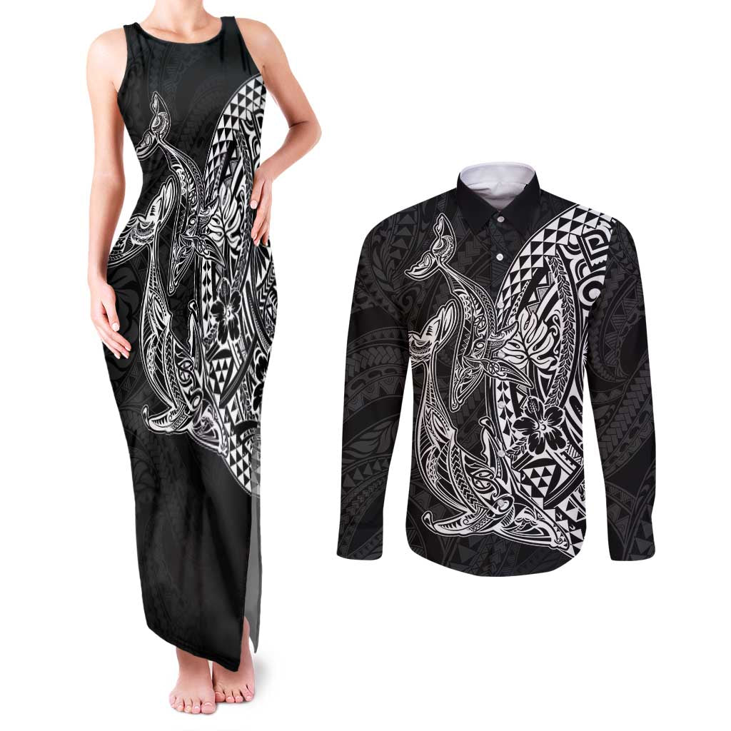 Hawaiian Whales Polynesian Art Motifs Couples Matching Tank Maxi Dress and Long Sleeve Button Shirt Black Color - Polynesian Pride