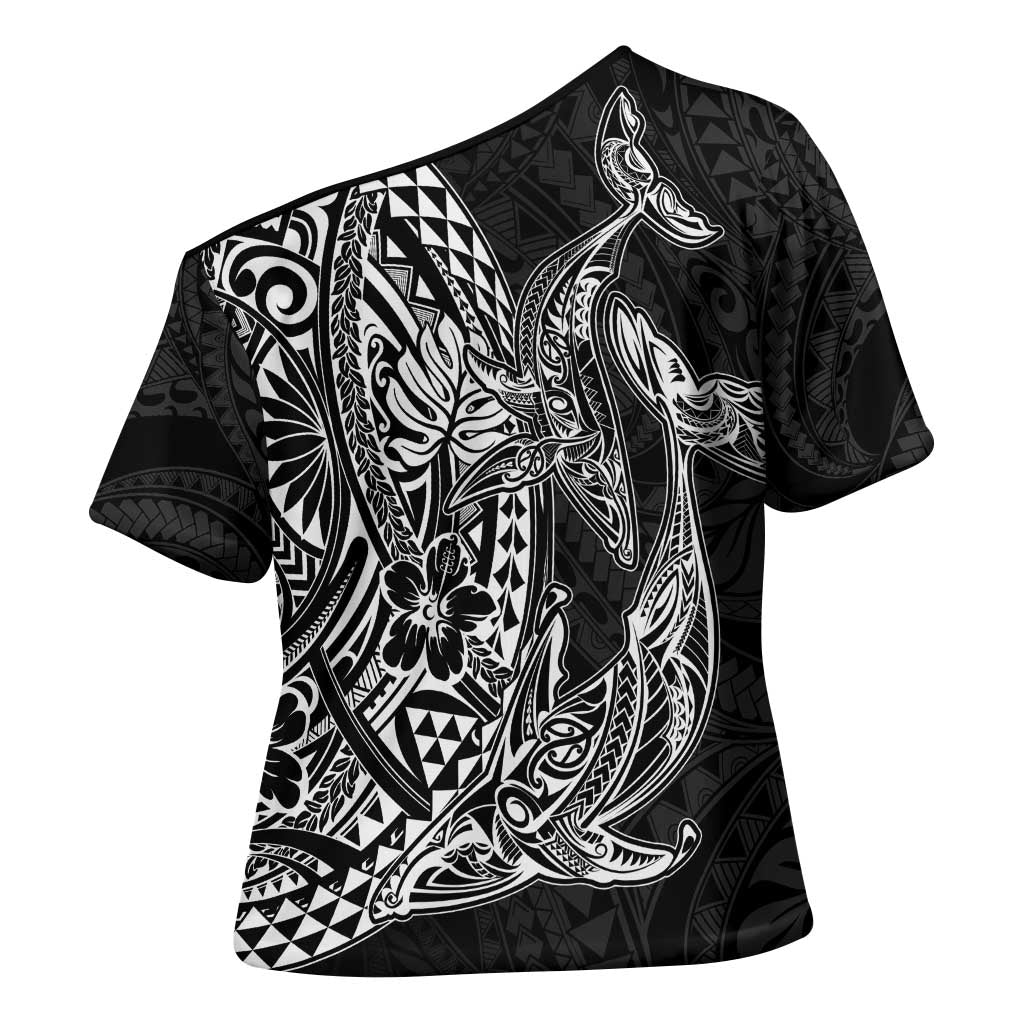 Hawaiian Whales Polynesian Art Motifs Cross Shoulder Shirt Black Color - Polynesian Pride