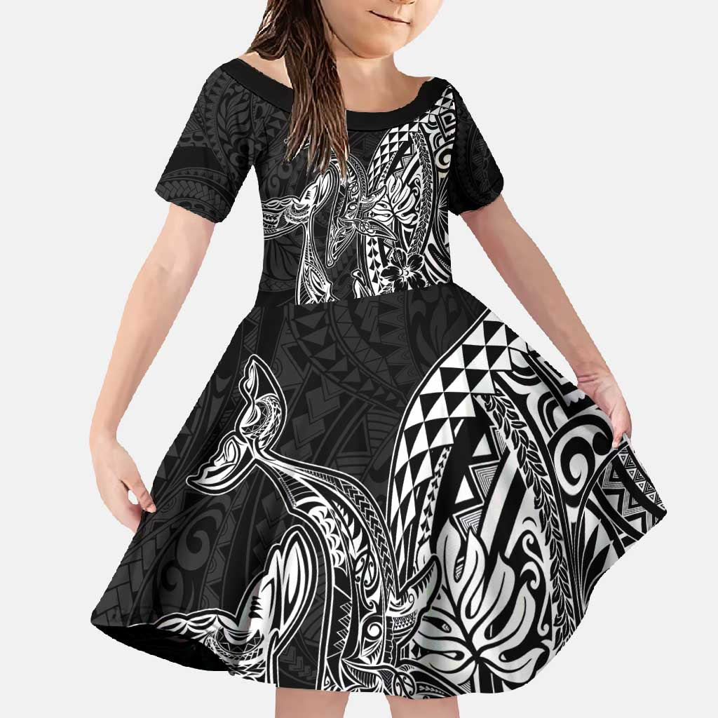 Hawaiian Whales Polynesian Art Motifs Family Matching Long Sleeve Bodycon Dress and Hawaiian Shirt Black Color - Polynesian Pride