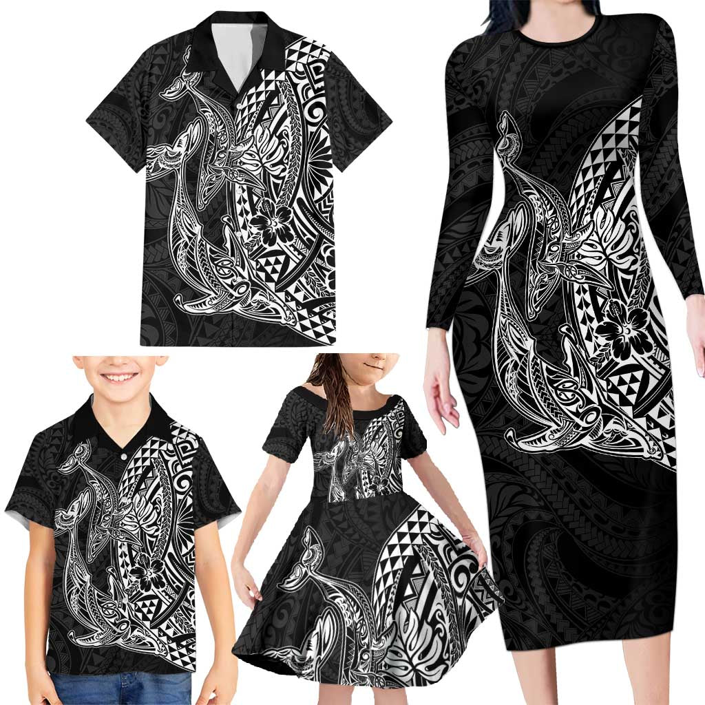 Hawaiian Whales Polynesian Art Motifs Family Matching Long Sleeve Bodycon Dress and Hawaiian Shirt Black Color - Polynesian Pride