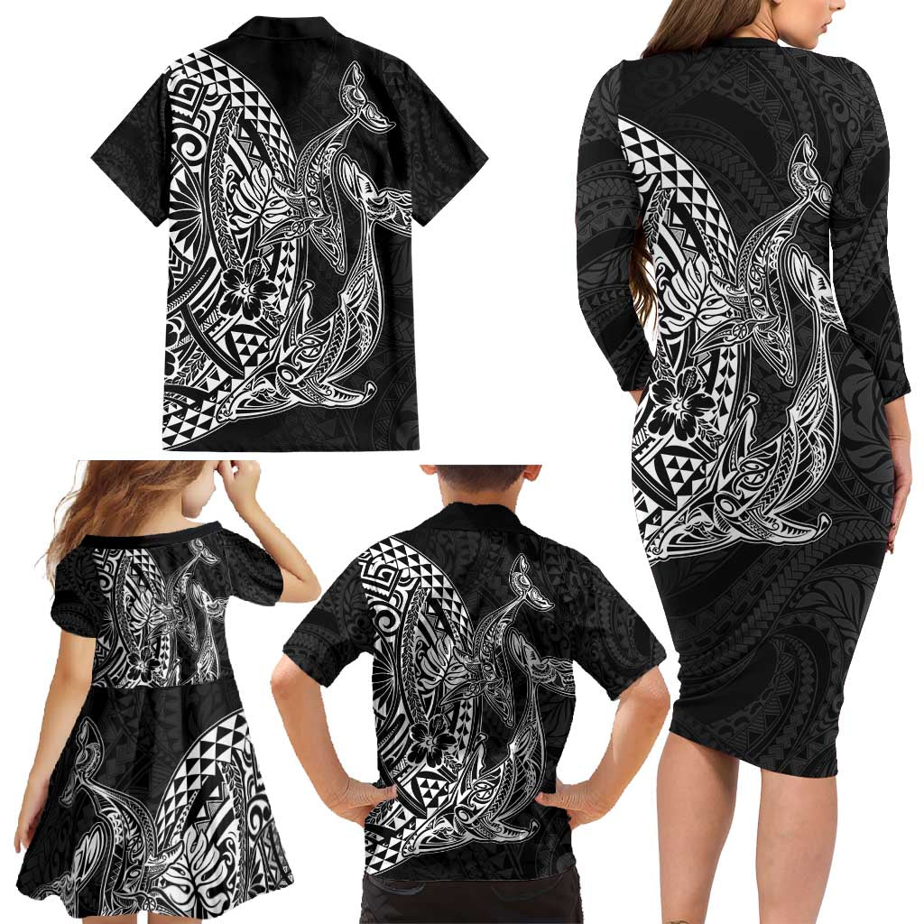 Hawaiian Whales Polynesian Art Motifs Family Matching Long Sleeve Bodycon Dress and Hawaiian Shirt Black Color - Polynesian Pride