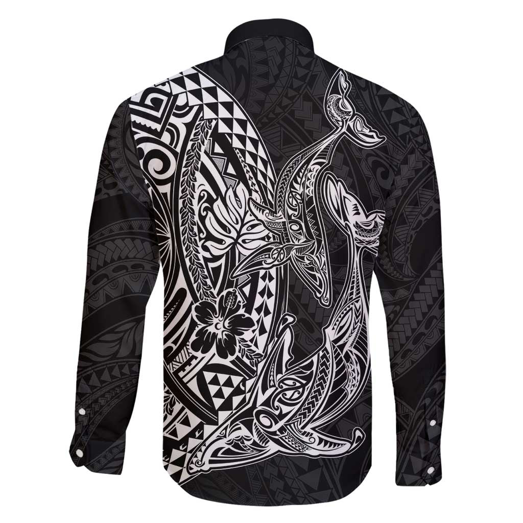 Hawaiian Whales Polynesian Art Motifs Family Matching Long Sleeve Bodycon Dress and Hawaiian Shirt Black Color - Polynesian Pride