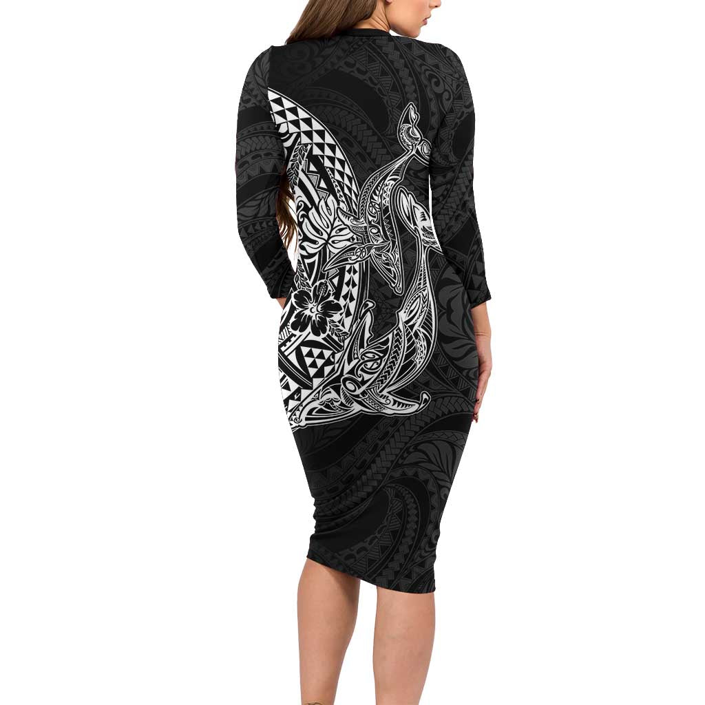 Hawaiian Whales Polynesian Art Motifs Family Matching Long Sleeve Bodycon Dress and Hawaiian Shirt Black Color - Polynesian Pride