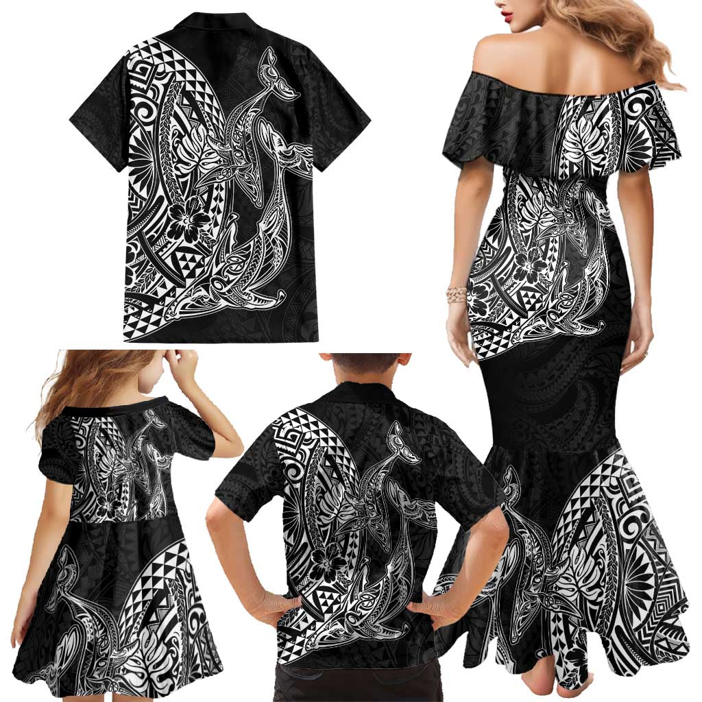 Hawaiian Whales Polynesian Art Motifs Family Matching Mermaid Dress and Hawaiian Shirt Black Color - Polynesian Pride