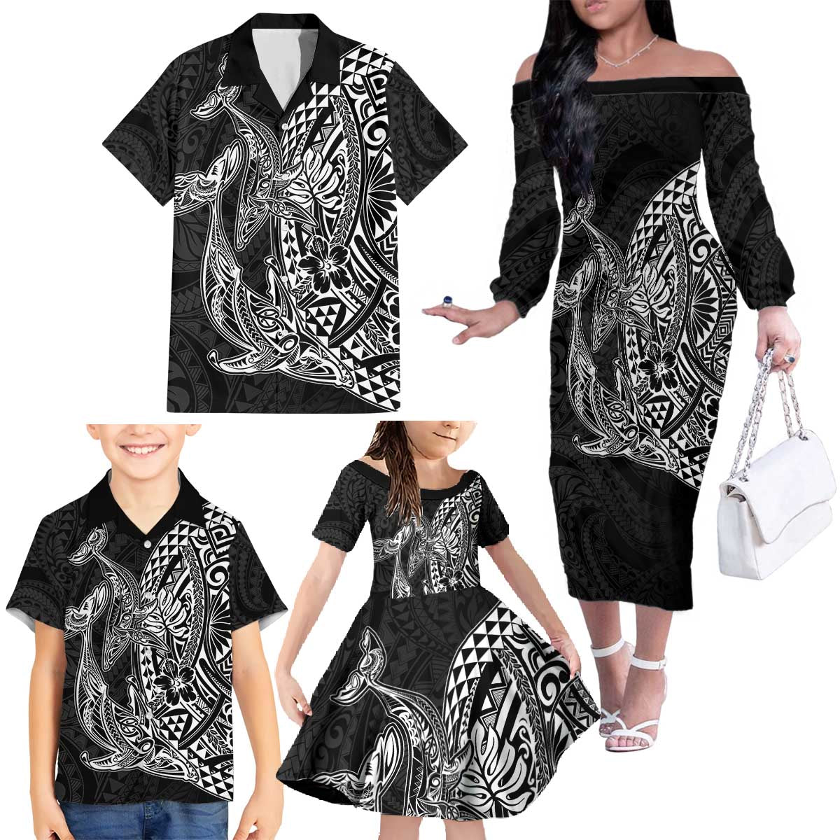 Hawaiian Whales Polynesian Art Motifs Family Matching Off The Shoulder Long Sleeve Dress and Hawaiian Shirt Black Color - Polynesian Pride