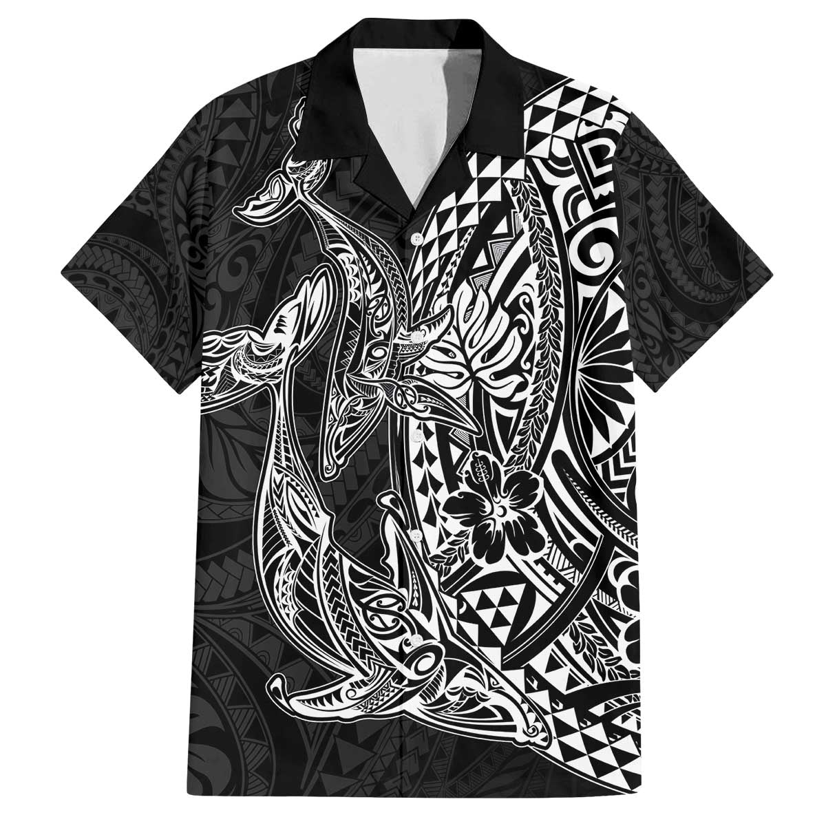 Hawaiian Whales Polynesian Art Motifs Family Matching Off The Shoulder Long Sleeve Dress and Hawaiian Shirt Black Color - Polynesian Pride