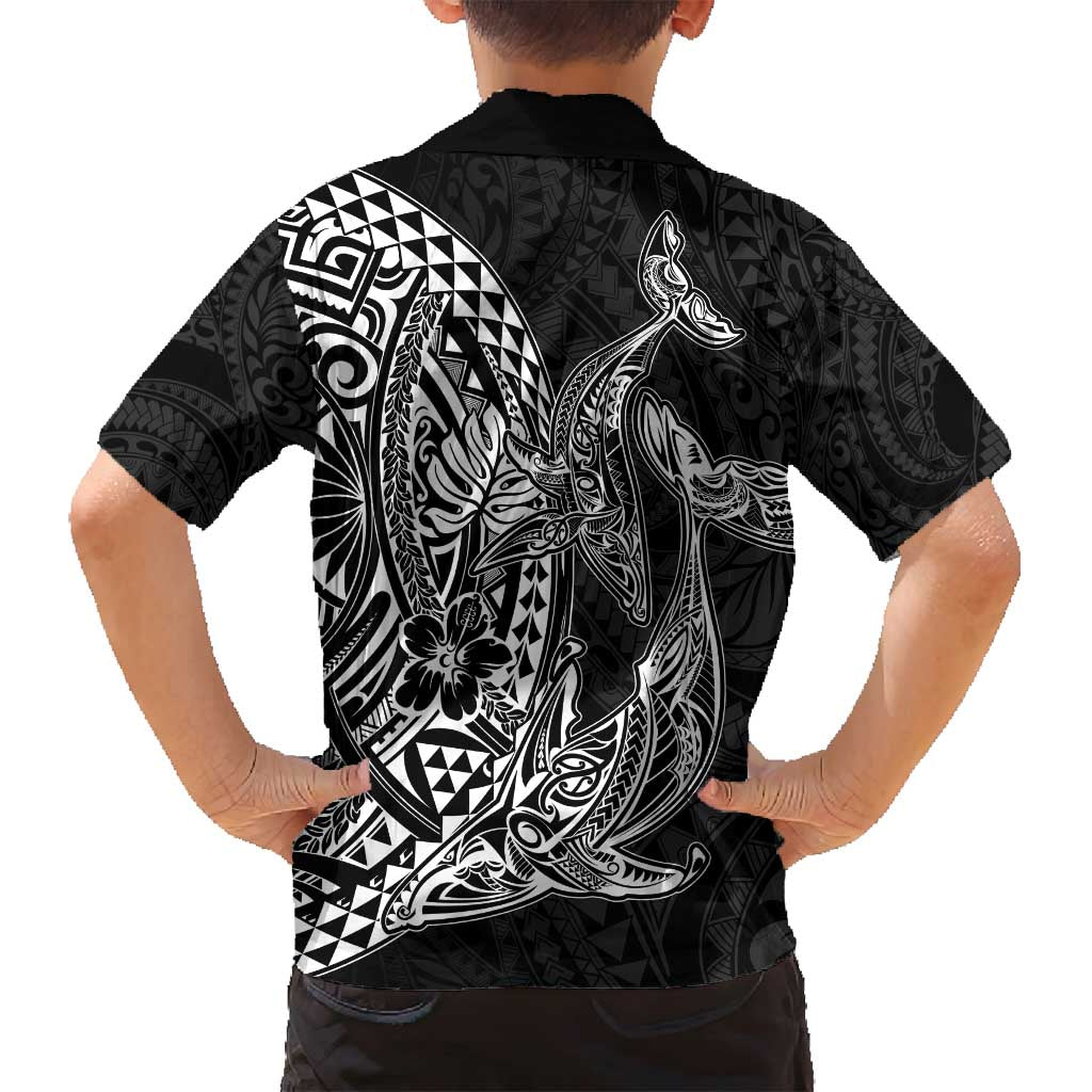 Hawaiian Whales Polynesian Art Motifs Family Matching Off Shoulder Short Dress and Hawaiian Shirt Black Color - Polynesian Pride