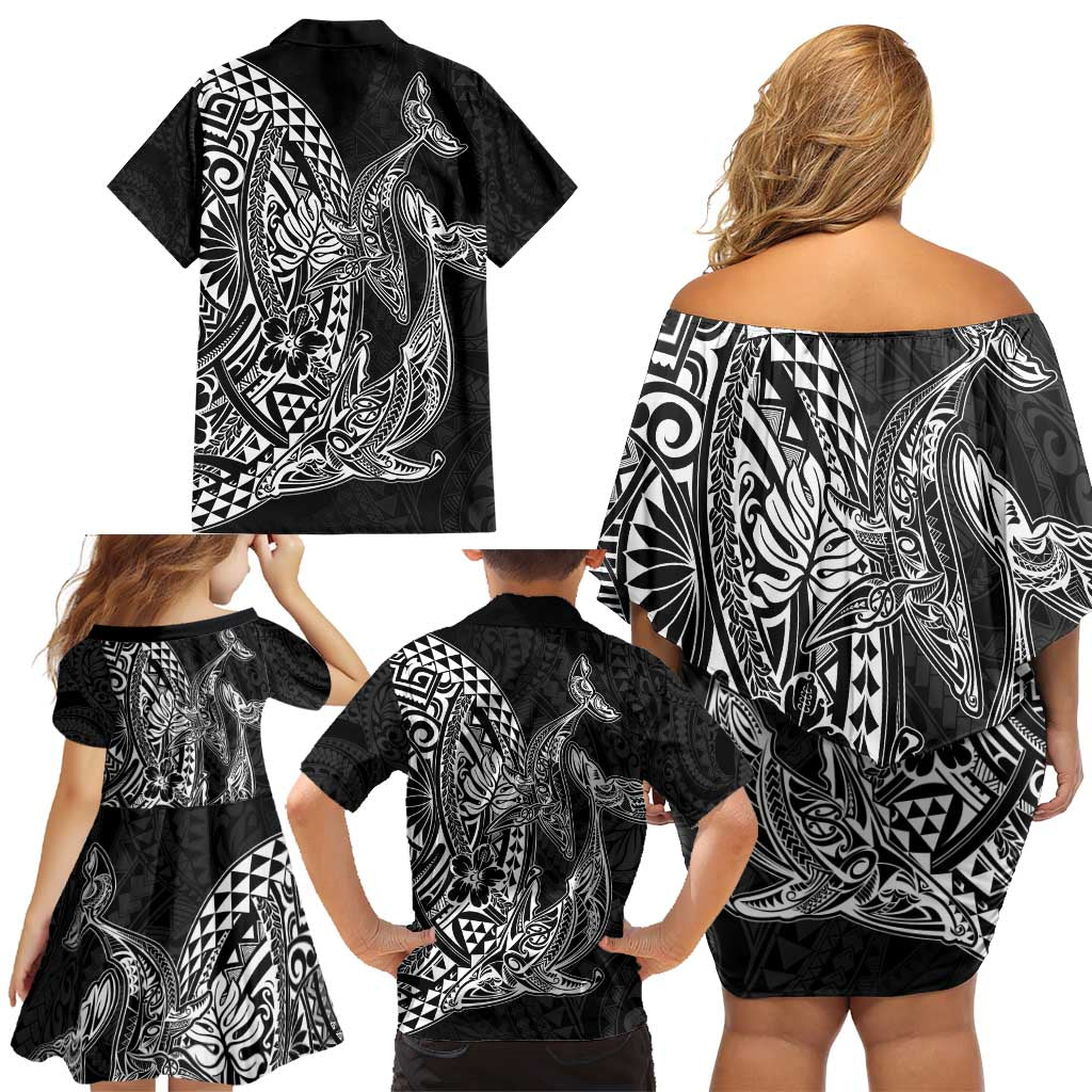 Hawaiian Whales Polynesian Art Motifs Family Matching Off Shoulder Short Dress and Hawaiian Shirt Black Color - Polynesian Pride