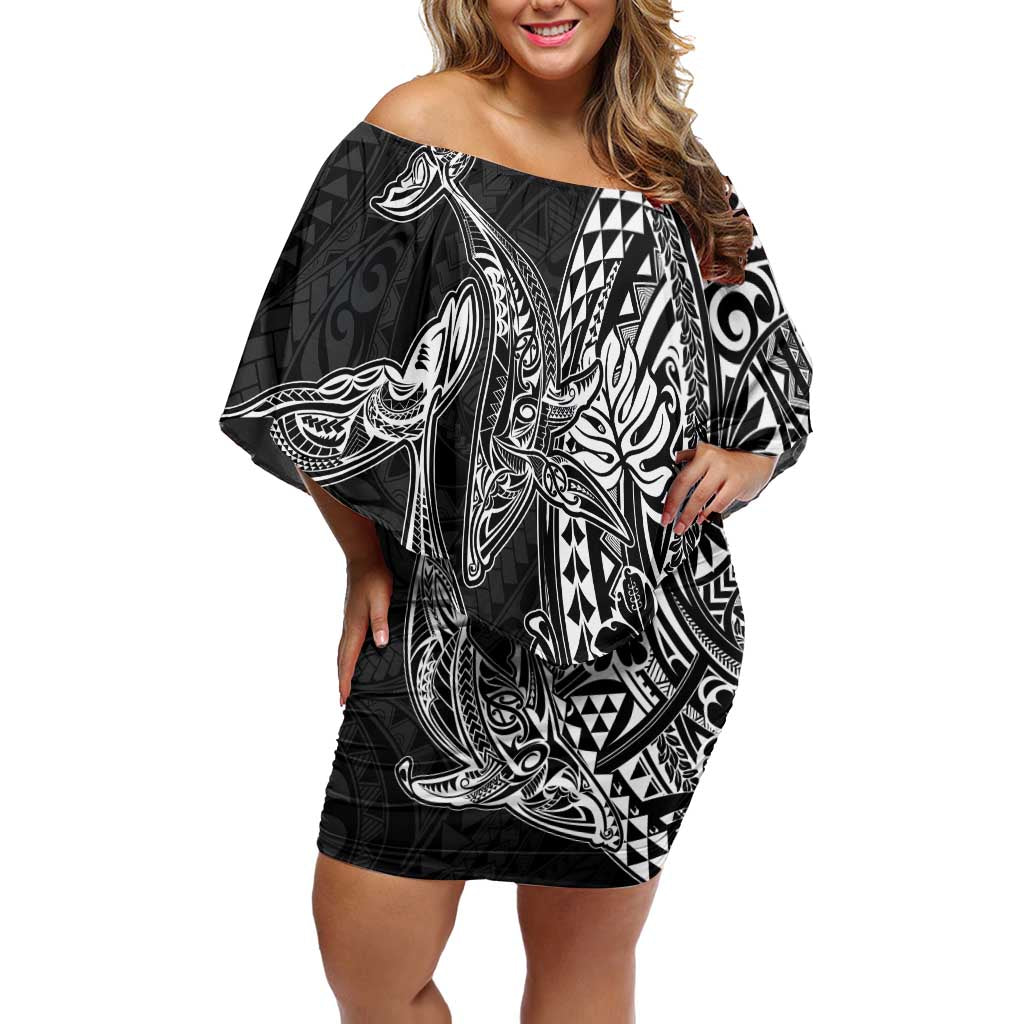 Hawaiian Whales Polynesian Art Motifs Family Matching Off Shoulder Short Dress and Hawaiian Shirt Black Color - Polynesian Pride