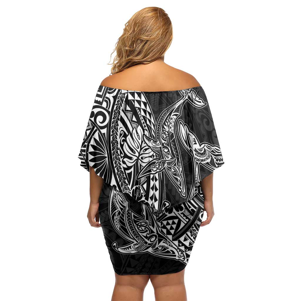 Hawaiian Whales Polynesian Art Motifs Family Matching Off Shoulder Short Dress and Hawaiian Shirt Black Color - Polynesian Pride