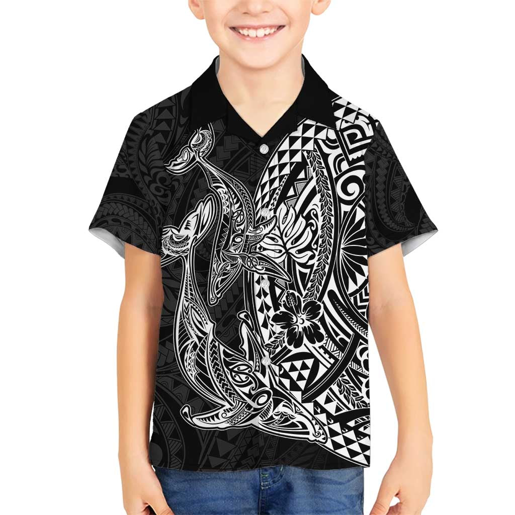Hawaiian Whales Polynesian Art Motifs Family Matching Off Shoulder Short Dress and Hawaiian Shirt Black Color - Polynesian Pride