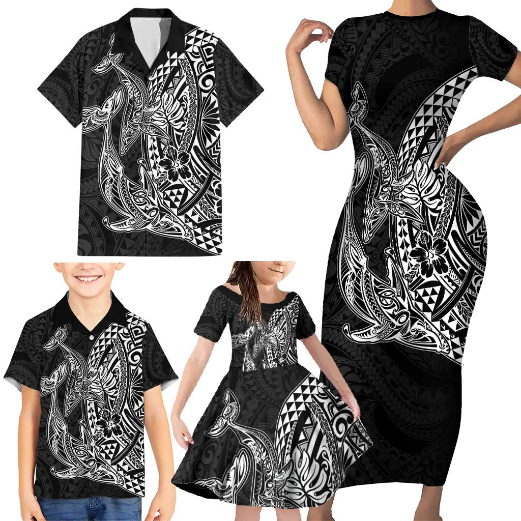 Hawaiian Whales Polynesian Art Motifs Family Matching Short Sleeve Bodycon Dress and Hawaiian Shirt Black Color - Polynesian Pride