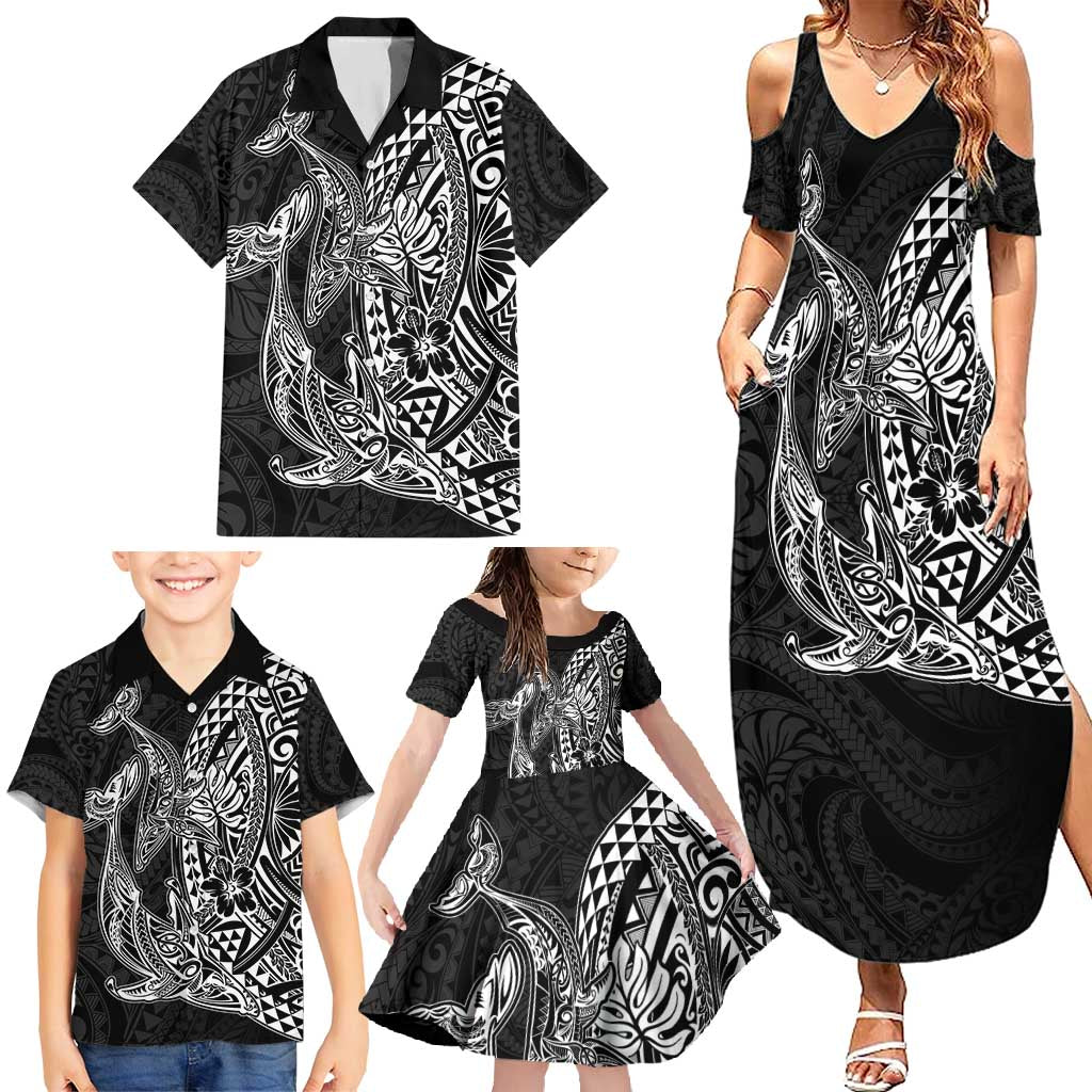 Hawaiian Whales Polynesian Art Motifs Family Matching Summer Maxi Dress and Hawaiian Shirt Black Color - Polynesian Pride